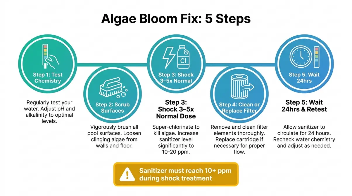 Five-step algae elimination process infographic for treating green hot tub water