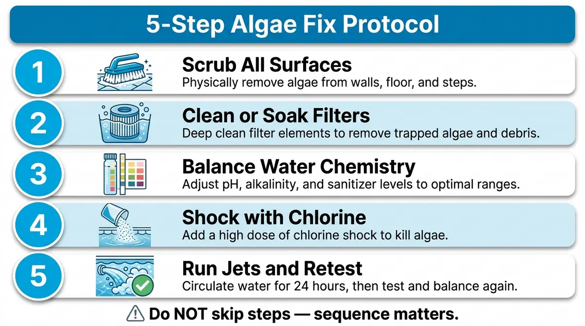 Five-step checklist infographic for fixing green hot tub water caused by algae bloom