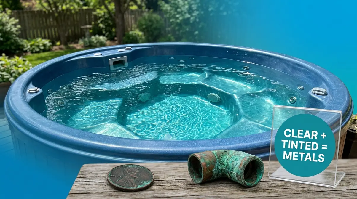 Clear but blue-green tinted hot tub water caused by oxidized copper metals visible through transparent water