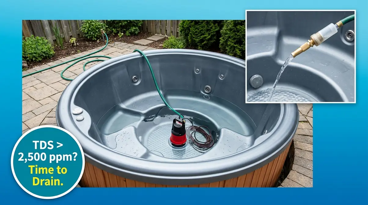 Hot tub being fully drained with submersible pump and refilled using inline hose filter for fresh start