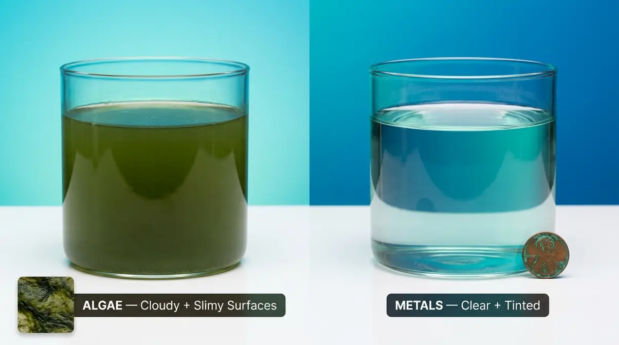 Side-by-side comparison of algae-caused cloudy green hot tub water versus clear metal-tinted green water