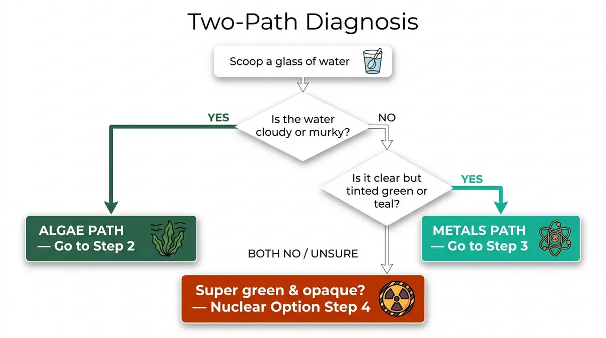 Flowchart diagnosing green hot tub water as algae versus dissolved metals decision tree