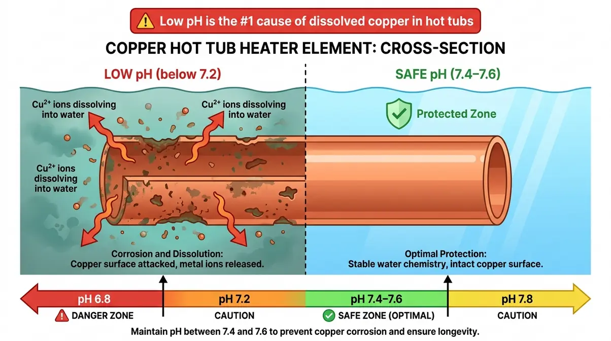 Diagram showing how low pH corrodes copper heater core releasing dissolved metals causing green hot tub water
