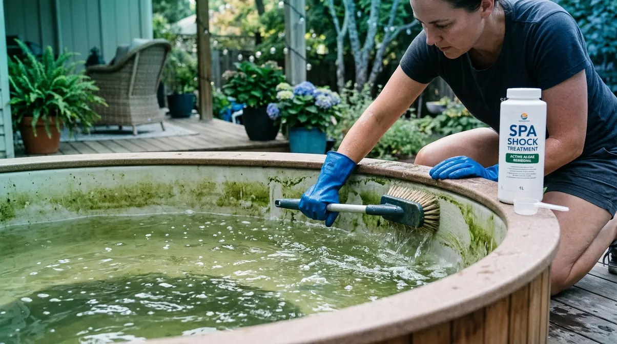 Person scrubbing green algae from hot tub walls before shock treatment to fix cloudy water