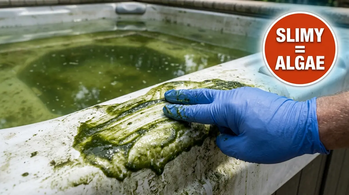 Gloved hand touching slimy algae biofilm on hot tub interior wall during the slime test