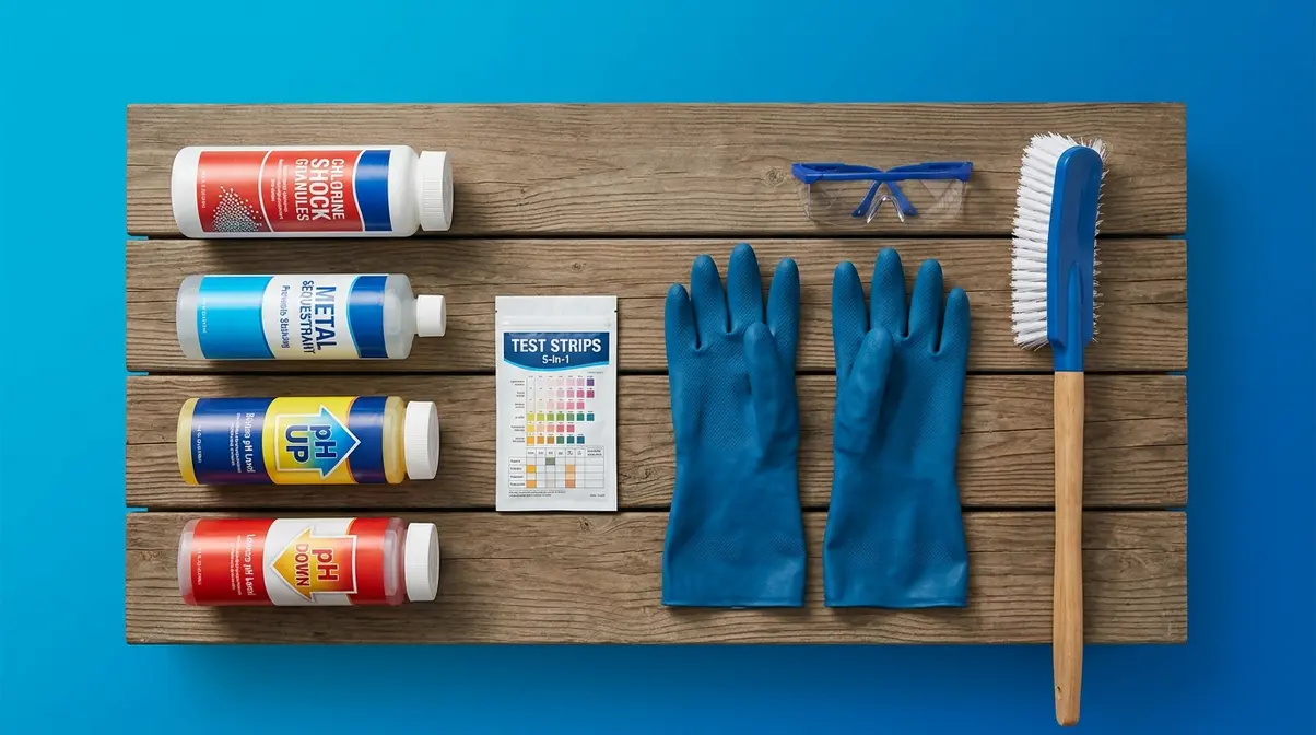 Hot tub maintenance supplies including chlorine shock, metal sequestrant, pH chemicals, and test strips