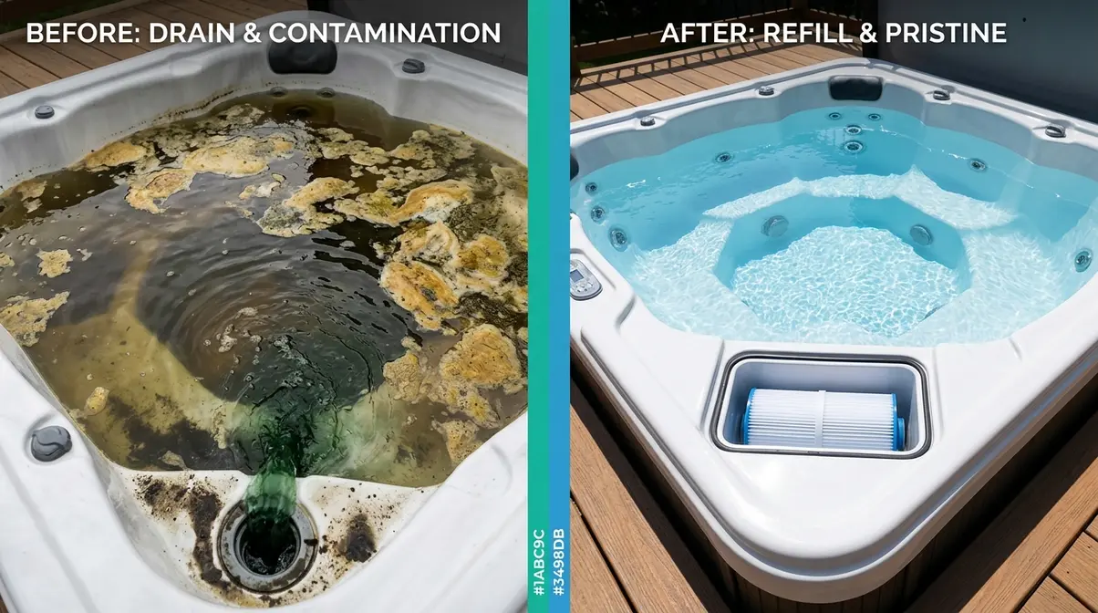 Hot tub being drained and refilled to eliminate biofilm and persistent green water contamination
