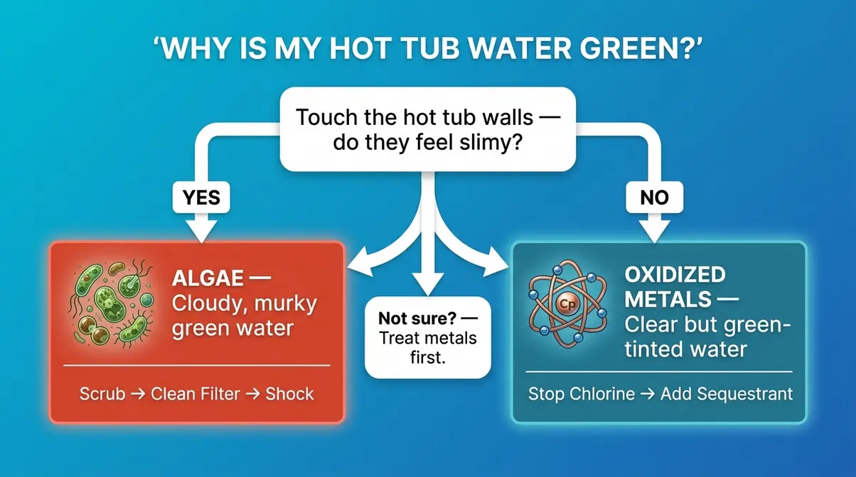 Diagnostic flowchart for green hot tub water showing algae versus oxidized metals decision tree
