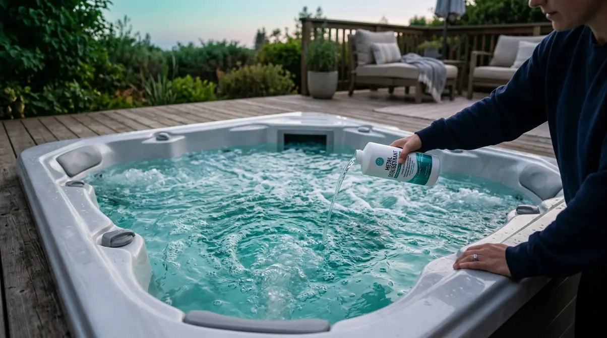 Metal sequestrant being added to clear teal green hot tub water to treat dissolved copper contamination