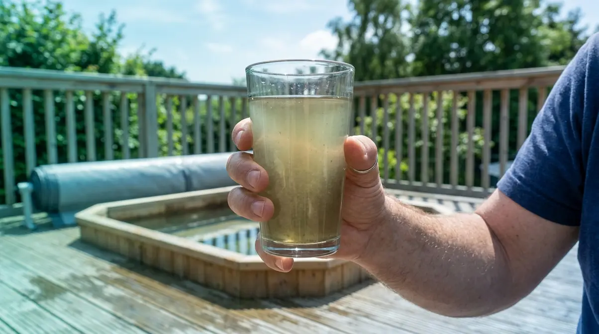 Person holding glass of green hot tub water up to sunlight to diagnose algae or metals cause