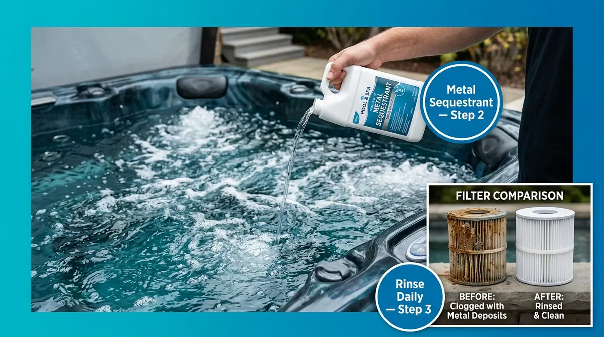 Pouring metal sequestrant into hot tub with green-tinted water and dirty filter cartridge comparison