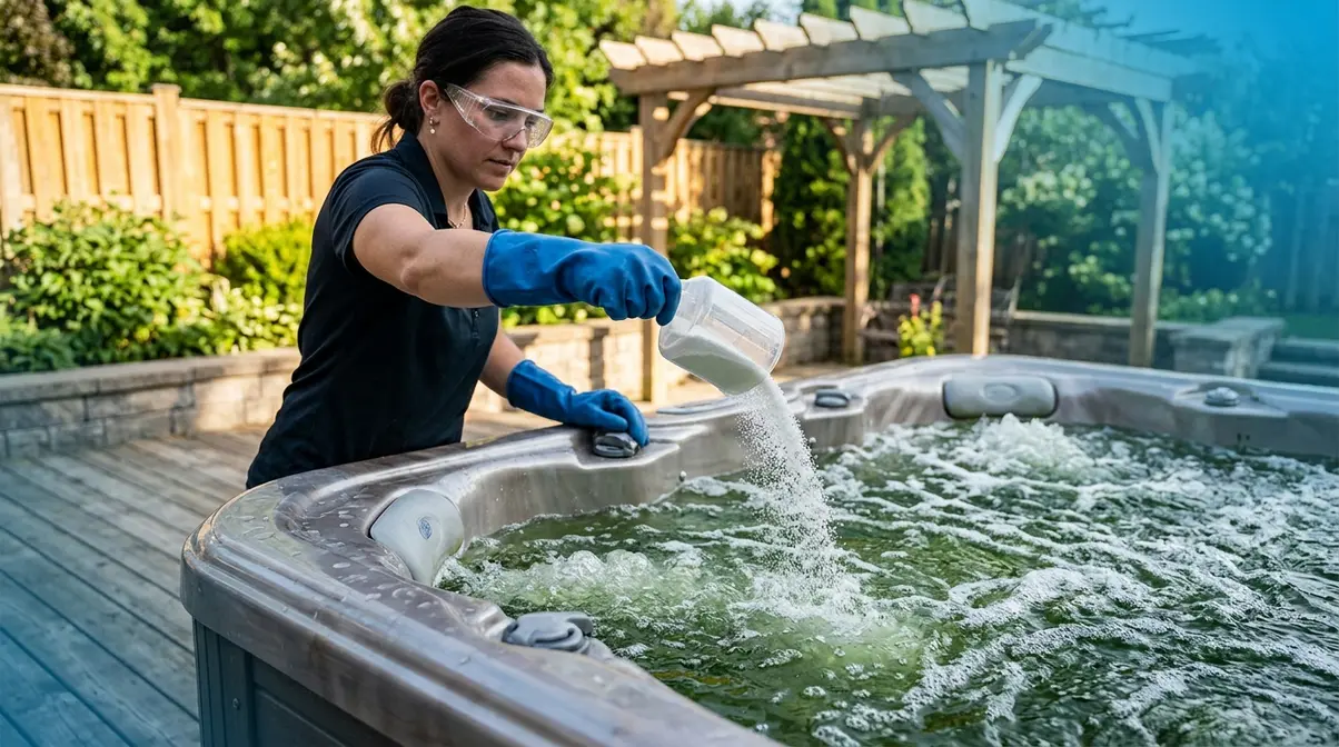 Person wearing safety gloves pouring chlorine shock into green hot tub water to treat algae bloom
