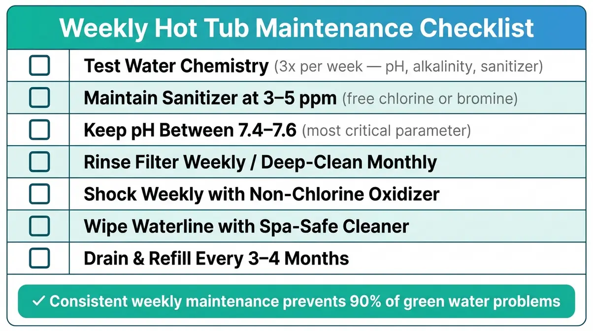 Weekly hot tub maintenance checklist with seven tasks to prevent green water from algae and metals