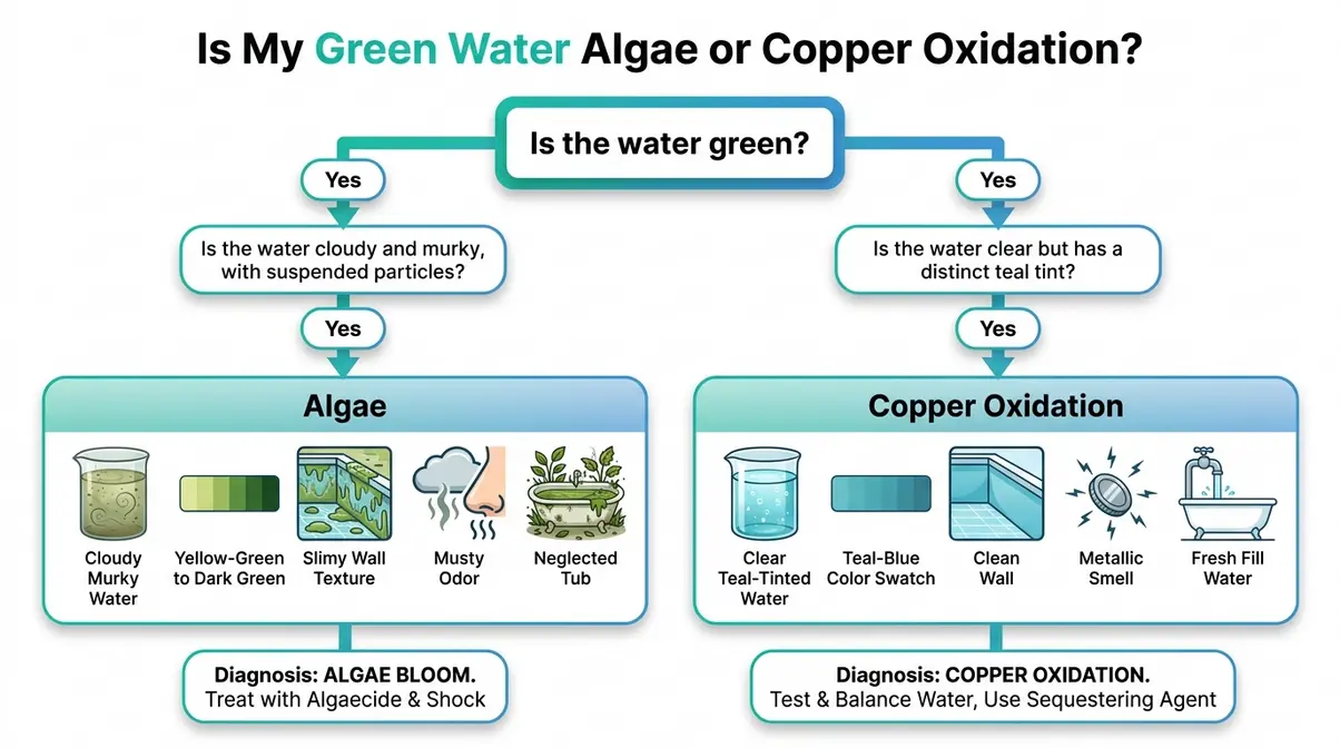 How to Fix Green Hot Tub Water: 5 Steps That Work 2 Flowchart showing how to diagnose green hot tub water as algae or copper oxidation