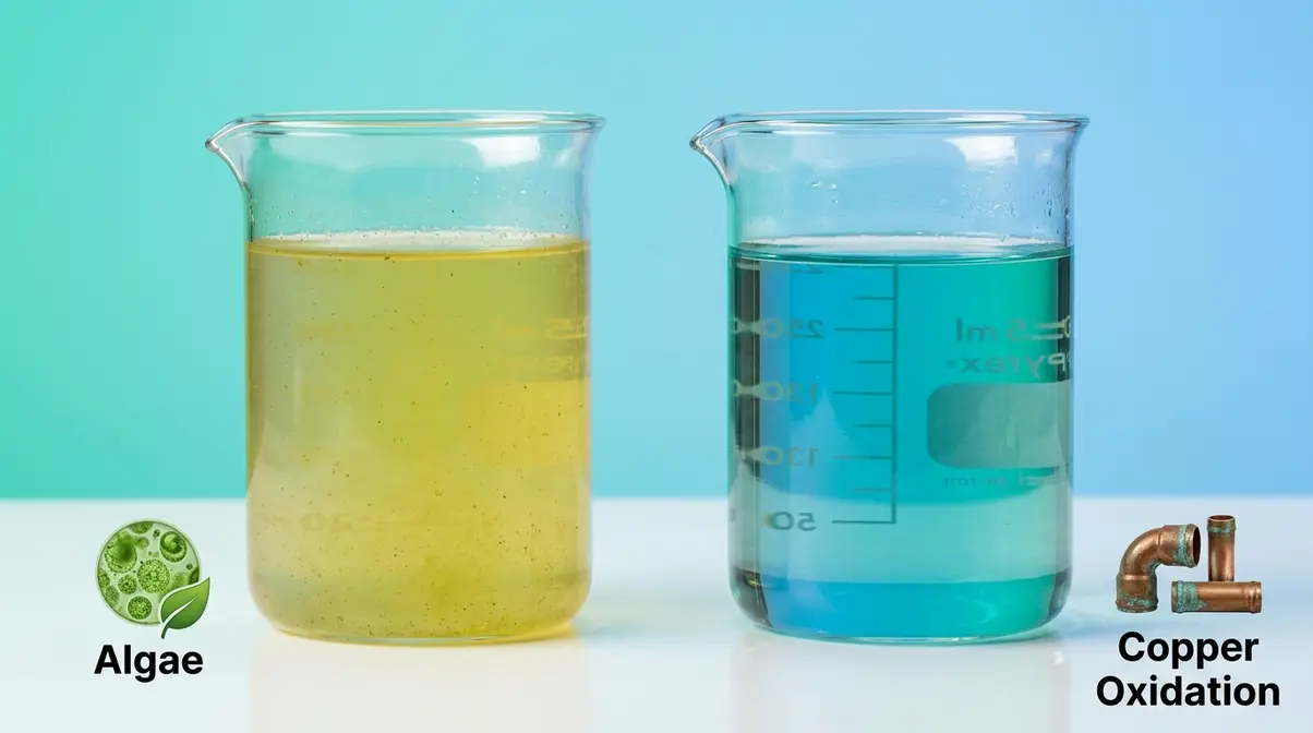 How to Fix Green Hot Tub Water: 5 Steps That Work 1 Two hot tub water samples showing murky algae green versus clear teal copper oxidation tint