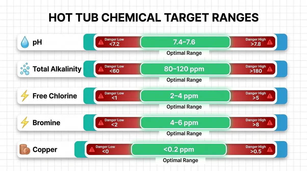 How to Fix Green Hot Tub Water: 5 Steps That Work 5 Green hot tub water chemical target ranges chart showing pH, alkalinity, chlorine, and bromine safe levels