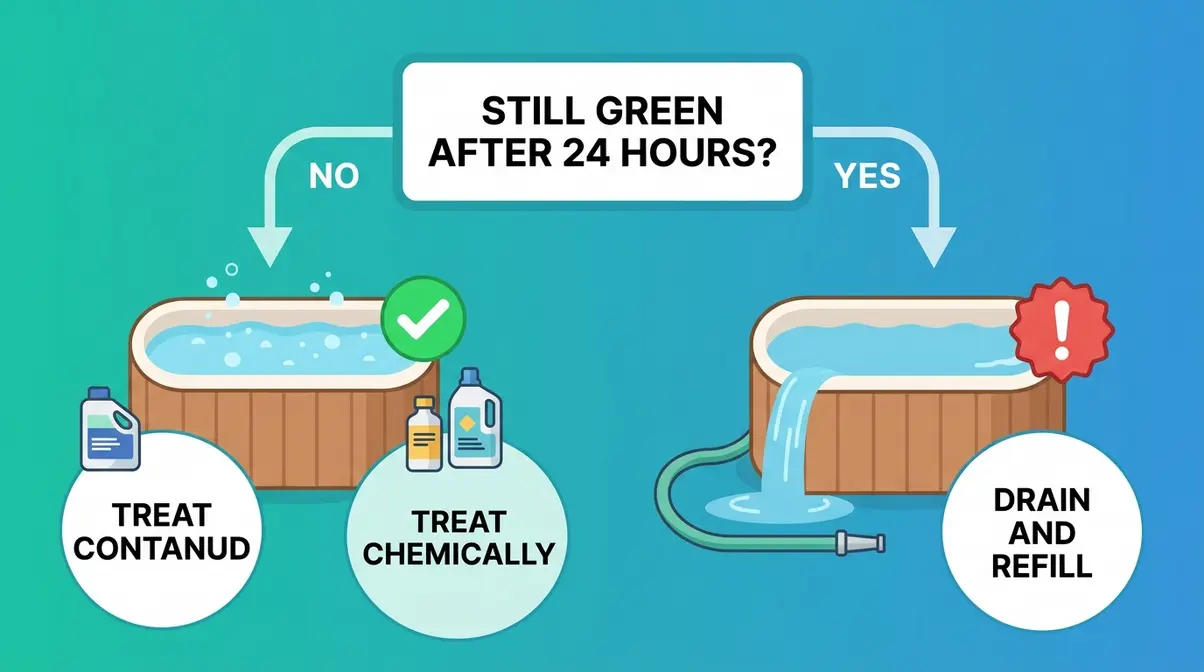 How to Fix Green Hot Tub Water: 5 Steps That Work 8 Decision flowchart showing when to chemically treat green hot tub water versus drain and refill