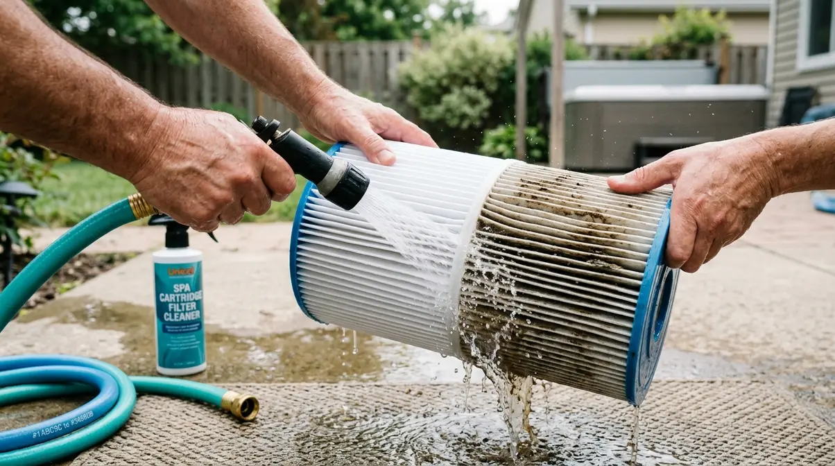 How to Fix Green Hot Tub Water: 5 Steps That Work 4 Person rinsing dirty hot tub cartridge filter with garden hose between pleats for deep cleaning