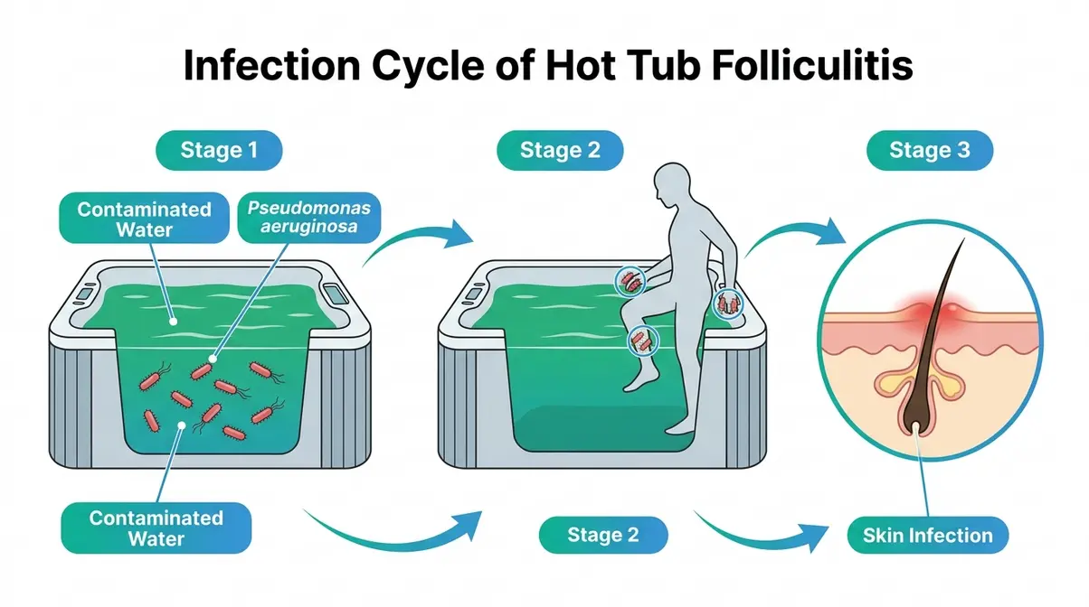 How to Fix Green Hot Tub Water: 5 Steps That Work 6 Diagram showing how Pseudomonas aeruginosa bacteria in green hot tub water causes folliculitis skin infection