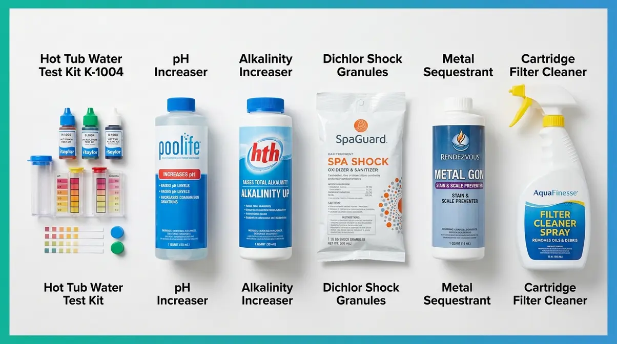 How to Fix Green Hot Tub Water: 5 Steps That Work 3 Hot tub chemical treatment supplies for fixing green water including test kit shock and pH balancers
