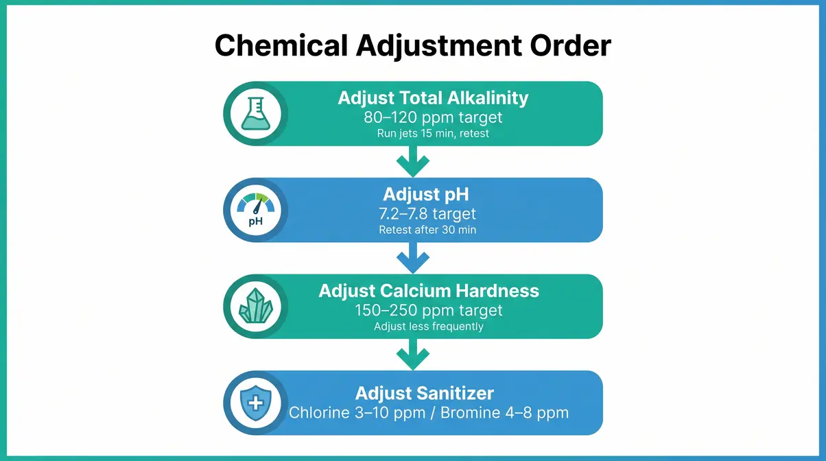 Flowchart showing correct hot tub chemical adjustment order: alkalinity, pH, calcium hardness, then sanitizer