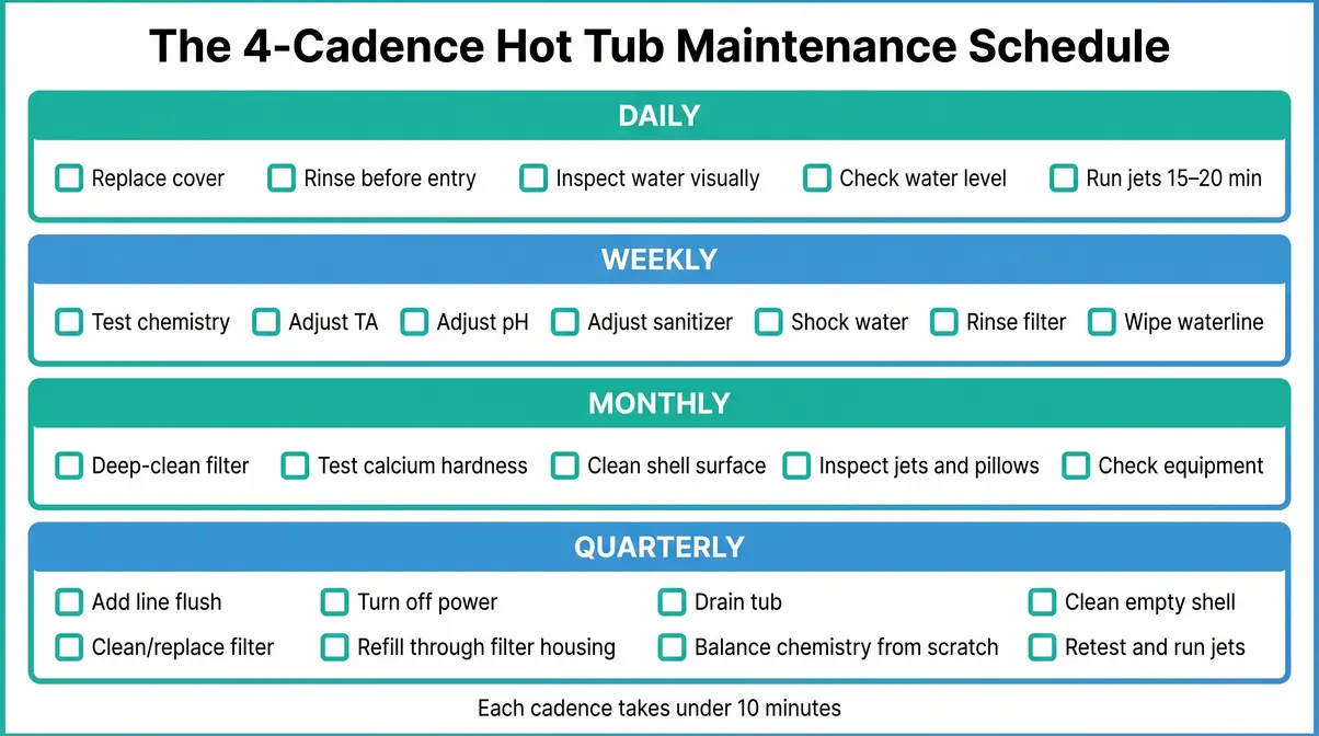 Printable hot tub maintenance schedule showing daily, weekly, monthly, and quarterly task checklists