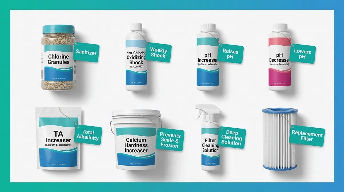 Essential hot tub chemicals and filter cartridge arranged in flat-lay showing core starter kit supplies