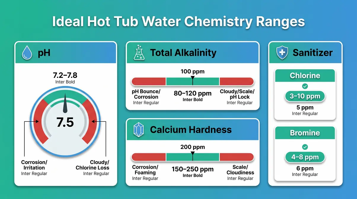 Hot tub water chemistry ranges infographic showing ideal pH, alkalinity, calcium hardness, and sanitizer levels