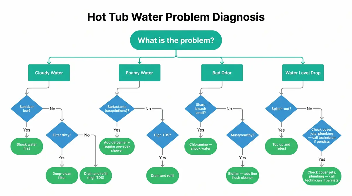 Hot tub troubleshooting flowchart with decision paths for cloudy water, foam, odor, and water level drop
