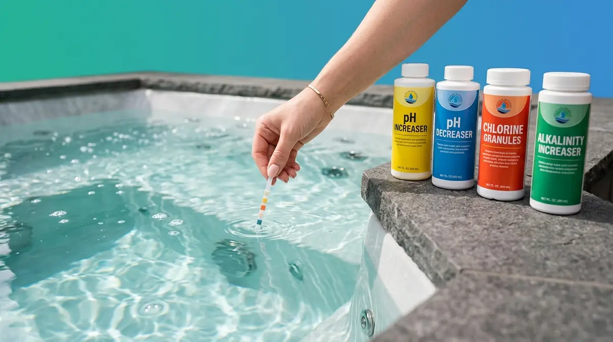 Hand testing hot tub water chemistry with test strip and four chemical bottles on spa edge