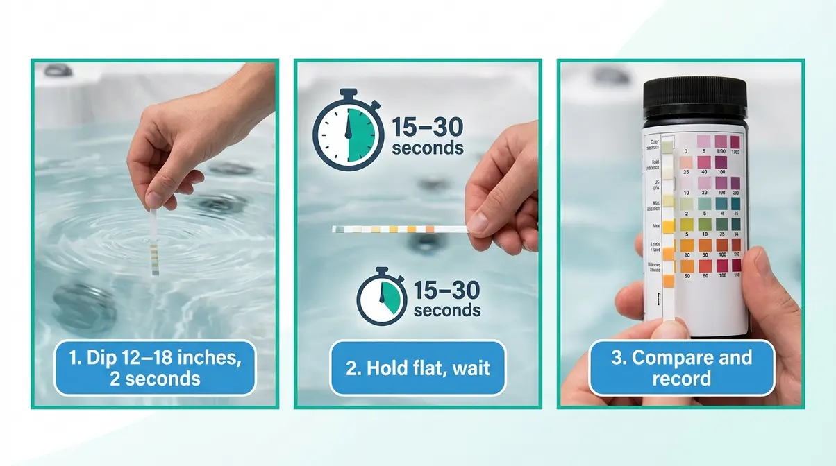 Three-step process for testing hot tub water with test strip: dip, hold flat, compare color chart