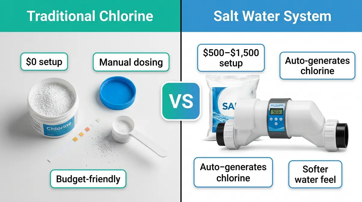 Side-by-side comparison of traditional chlorine versus salt water hot tub system with cost and maintenance labels