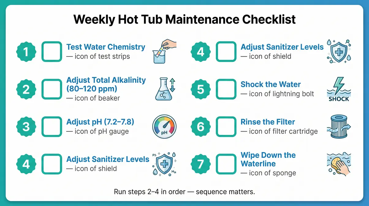 Weekly hot tub maintenance checklist graphic showing 7 steps from water testing to filter rinse