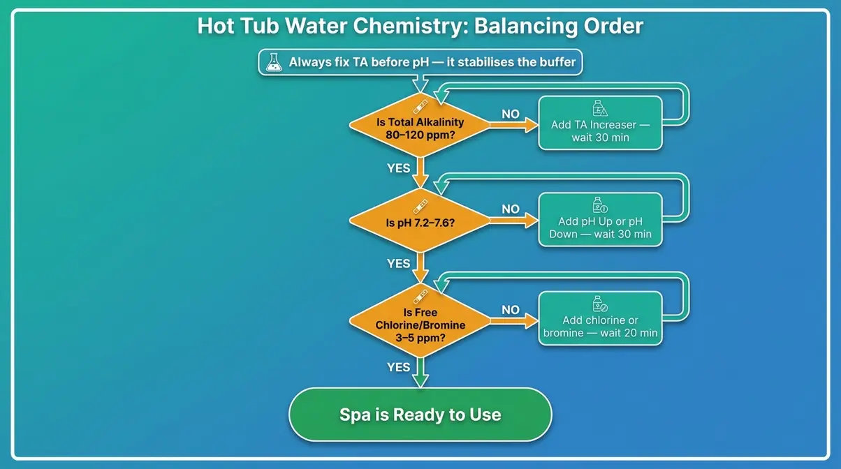 Hot Tub Water Maintenance Schedule: Complete 2026 Guide 15 Hot tub water chemistry balancing flowchart decision tree showing TA then pH then sanitiser order