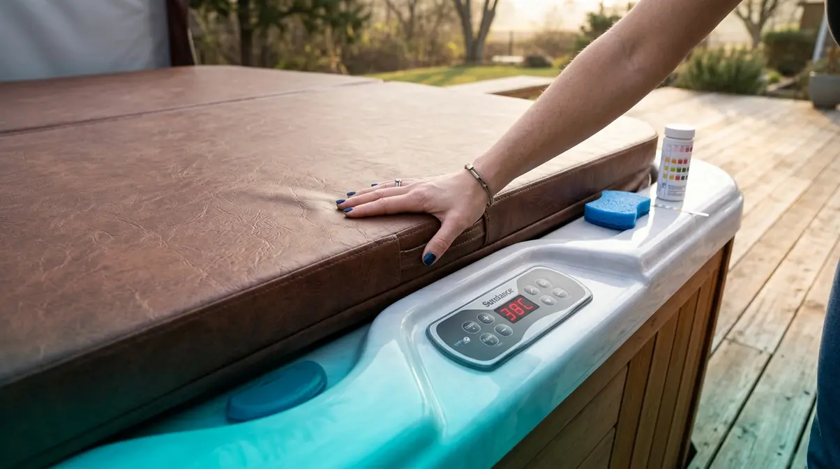 Hot Tub Water Maintenance Schedule: Complete 2026 Guide 11 Person checking hot tub cover firmness and temperature display during daily maintenance routine