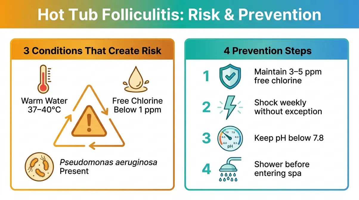 Hot Tub Water Maintenance Schedule: Complete 2026 Guide 17 Hot tub folliculitis prevention infographic showing Pseudomonas aeruginosa risk conditions and prevention steps