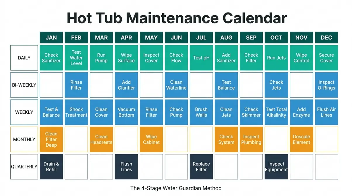 Hot Tub Water Maintenance Schedule: Complete 2026 Guide 10 Hot tub water maintenance schedule 12-month printable calendar with colour-coded task intervals