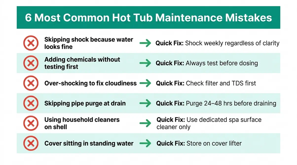 Hot Tub Water Maintenance Schedule: Complete 2026 Guide 18 Common hot tub maintenance mistakes checklist graphic showing six errors and quick fix solutions