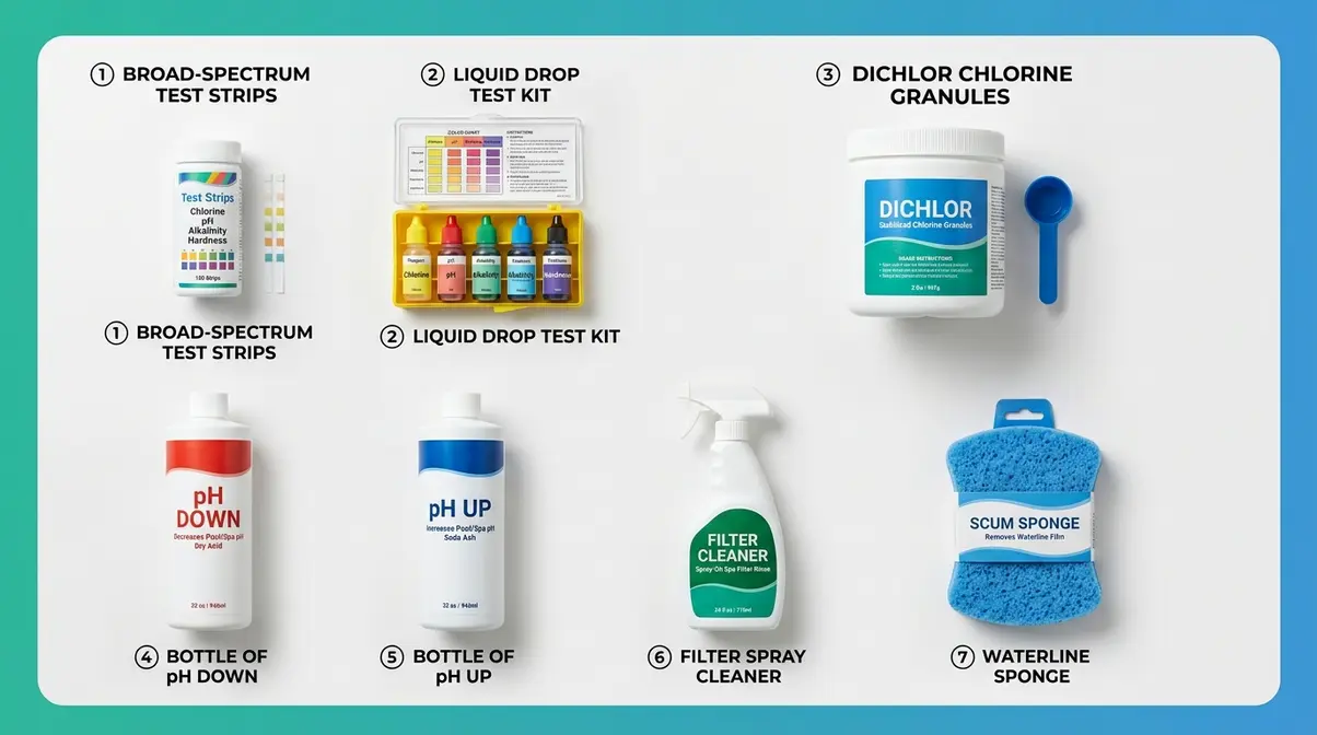 Hot Tub Water Maintenance Schedule: Complete 2026 Guide 8 Hot tub maintenance supplies including test strips, pH chemicals, and filter cleaner laid out