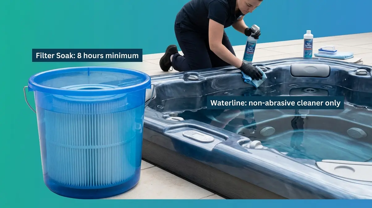 Hot Tub Water Maintenance Schedule: Complete 2026 Guide 13 Hot tub monthly maintenance showing filter soaking in cleaning solution and waterline scrubbing