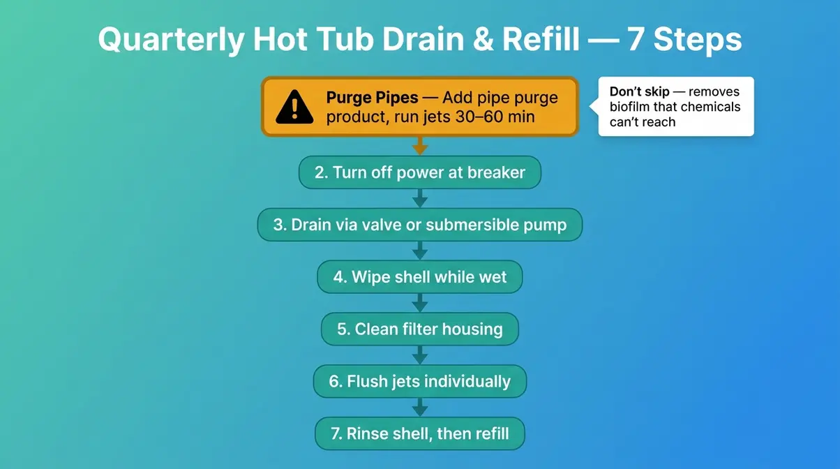 Hot Tub Water Maintenance Schedule: Complete 2026 Guide 14 Hot tub quarterly drain and refill process flowchart showing 7 steps with pipe purge highlighted