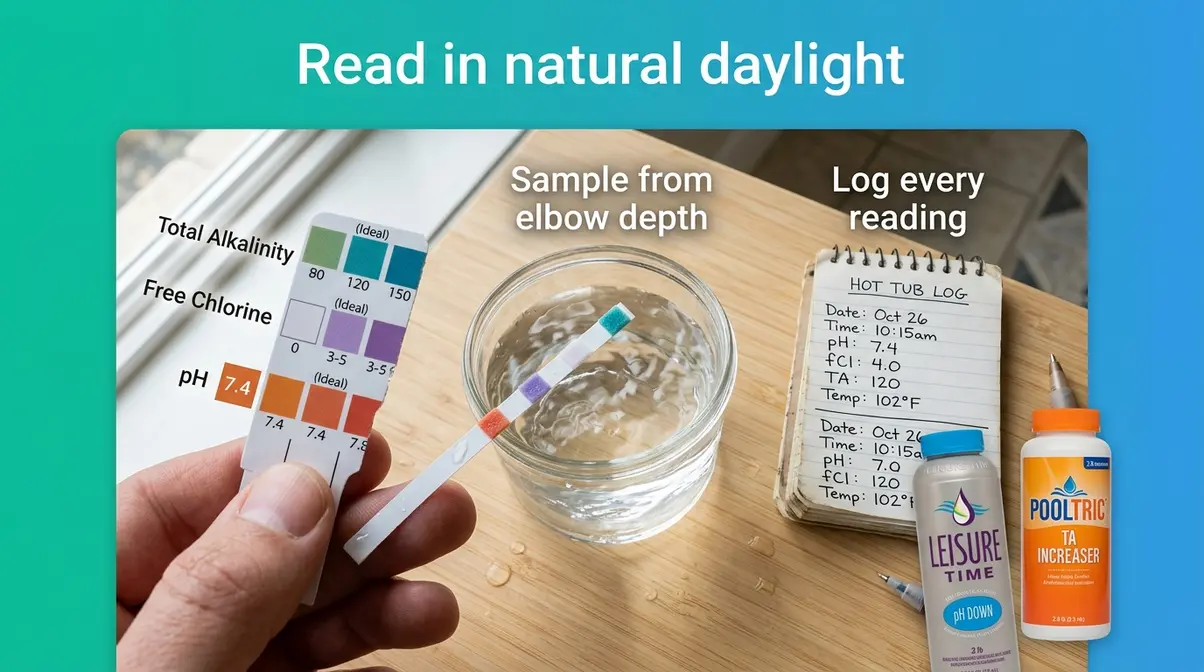 Hot Tub Water Maintenance Schedule: Complete 2026 Guide 12 Hot tub water chemistry test strip reading in natural light with pH and alkalinity chemicals nearby