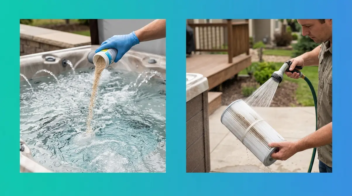 Hot Tub Water Maintenance Schedule: Complete 2026 Guide 9 Hot tub weekly maintenance showing shock treatment being added and filter cartridge being rinsed