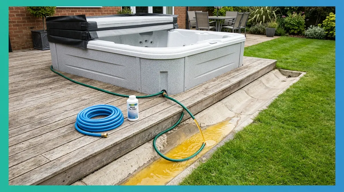 Why Is My Hot Tub Water Yellow? 6 Causes & Fixes 9 Garden hose draining yellow-tinted water from a hot tub during a drain and refill process