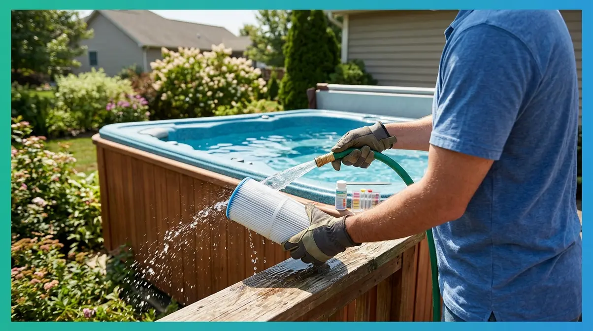 Why Is My Hot Tub Water Yellow? 6 Causes & Fixes 6 Person rinsing a hot tub filter cartridge with a garden hose during routine weekly maintenance