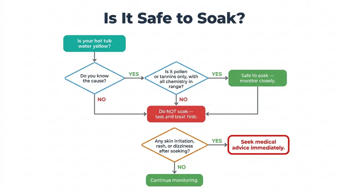 Why Is My Hot Tub Water Yellow? 6 Causes & Fixes 5 Safety decision tree flowchart showing whether yellow hot tub water is safe to soak in with yes and no branches