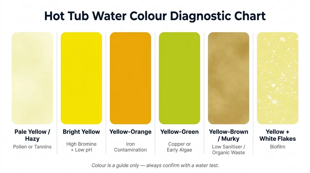 Why Is My Hot Tub Water Yellow? 6 Causes & Fixes 8 Colour diagnostic chart showing six shades of yellow hot tub water and their corresponding causes from pollen to biofilm