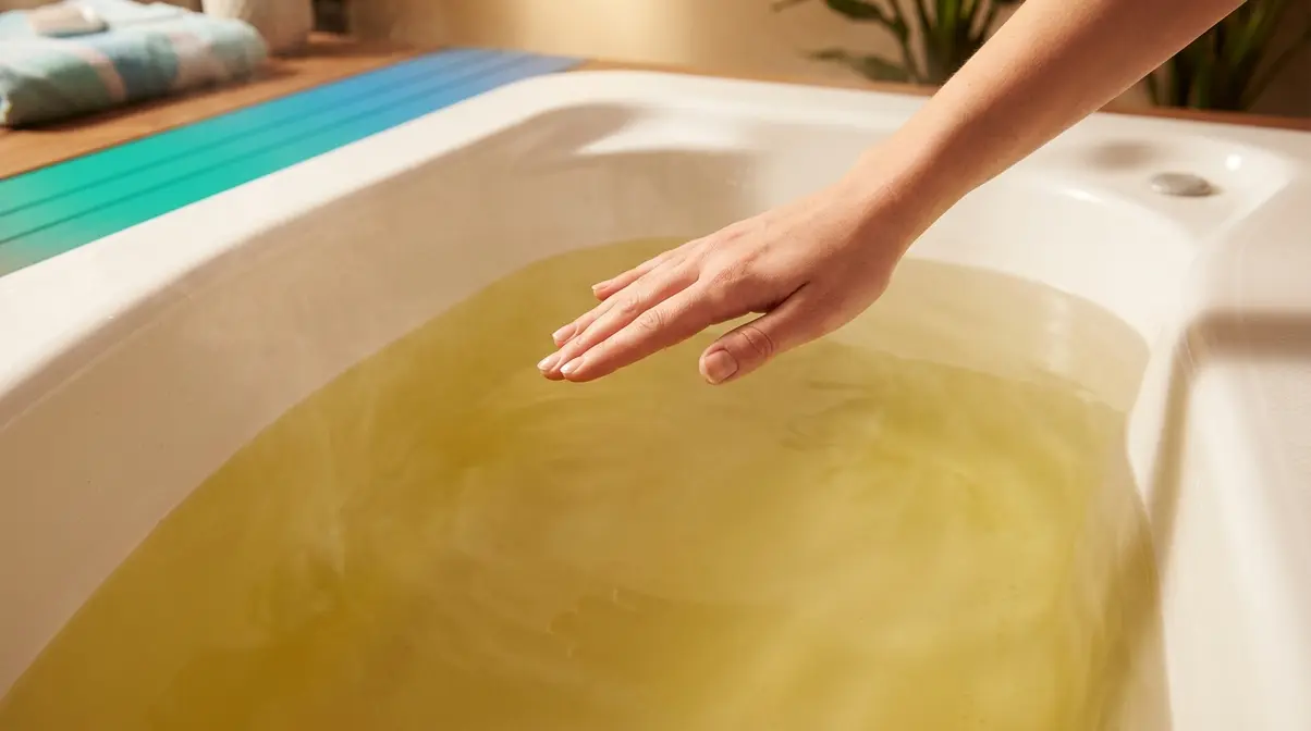 Why Is My Hot Tub Water Yellow? 6 Causes & Fixes 3 Hand hovering above yellow hot tub water in a cautionary gesture indicating water safety concern
