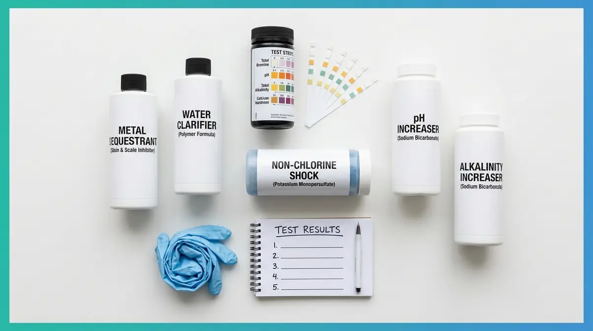Why Is My Hot Tub Water Yellow? 6 Causes & Fixes 4 Hot tub water treatment supplies including test strips, pH increaser, shock, and metal sequestrant arranged on white surface