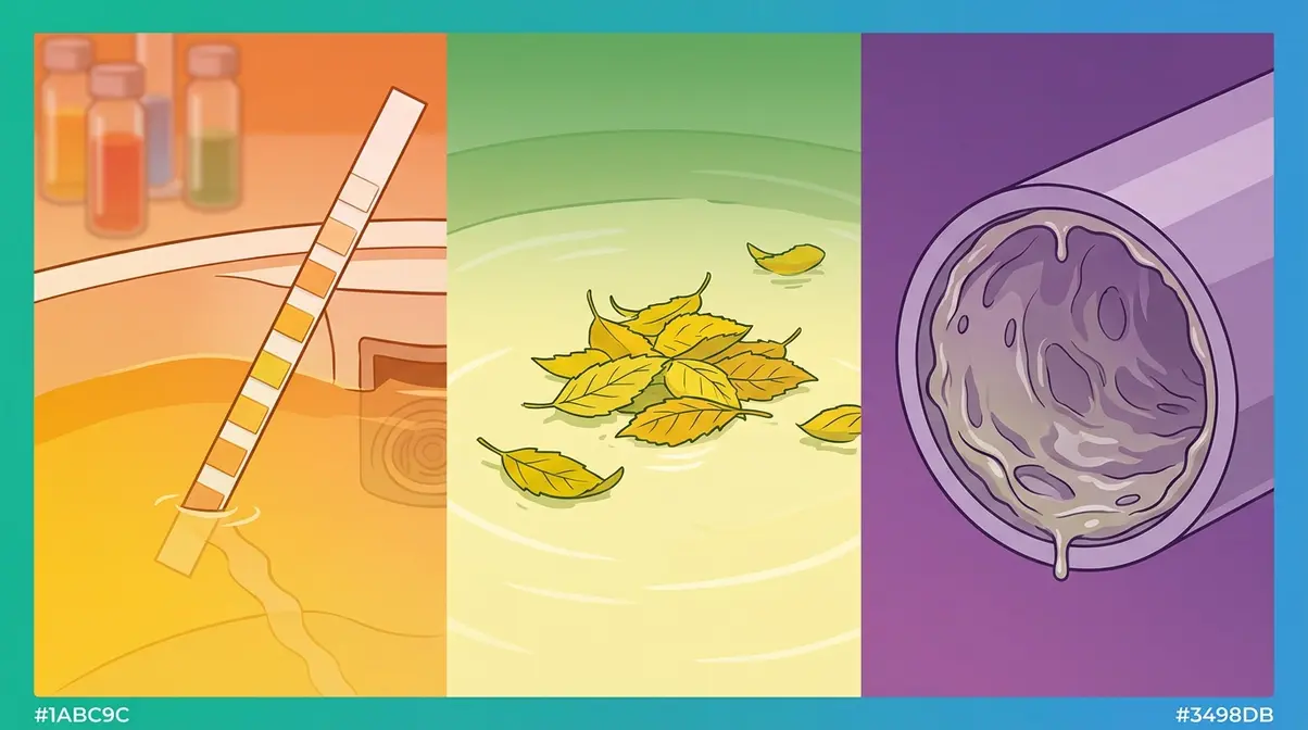 Why Is My Hot Tub Water Yellow? 6 Causes & Fixes 1 Three-panel illustration showing chemical, physical, and biological causes of yellow hot tub water side by side
